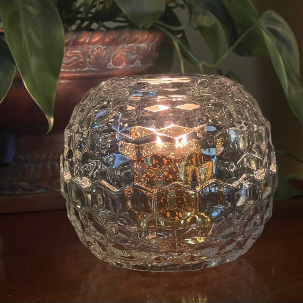 Vintage Fairy Lamp Clear Geometric Cubist Glass Votive Holder Homco 70s MCM
